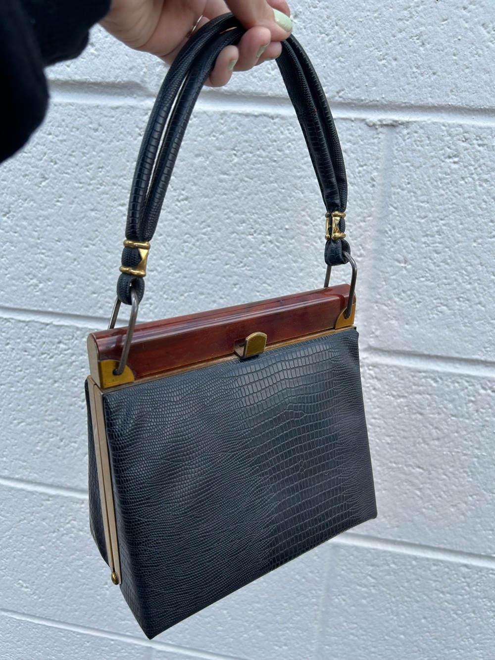 Vintage small structured handbag  Classic Black Bag amber-colored top clasp